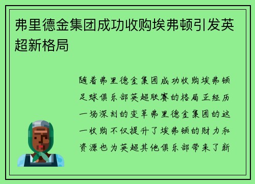 弗里德金集团成功收购埃弗顿引发英超新格局